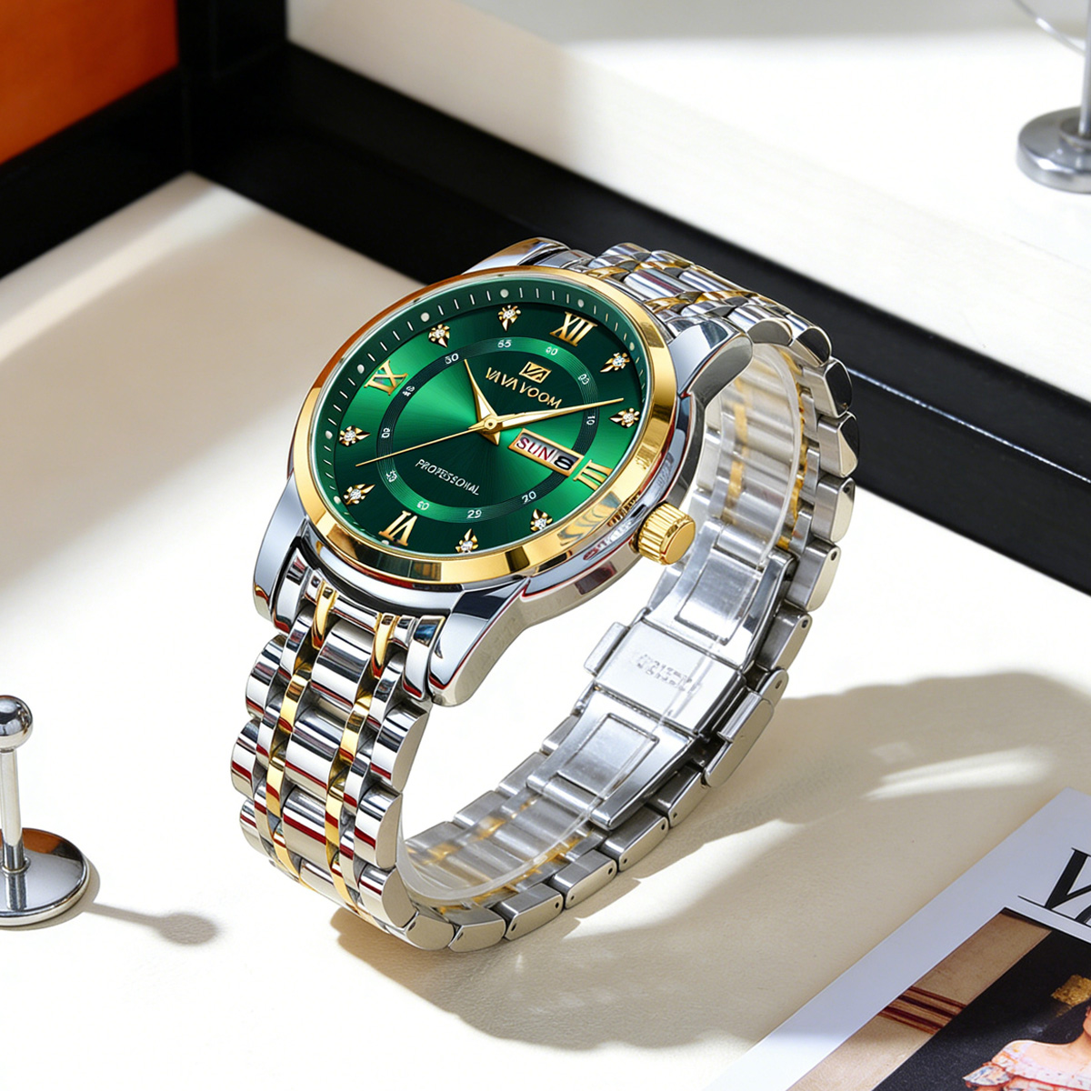 Luxury Watch Green Dial - 럭셔리 라인스톤 골드 링 스테인리스 스틸