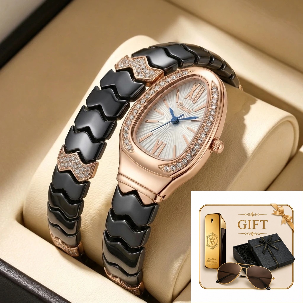Luxury Watch Gold And Black - 4피스 여성용 블랙 & 로즈골드 세라믹