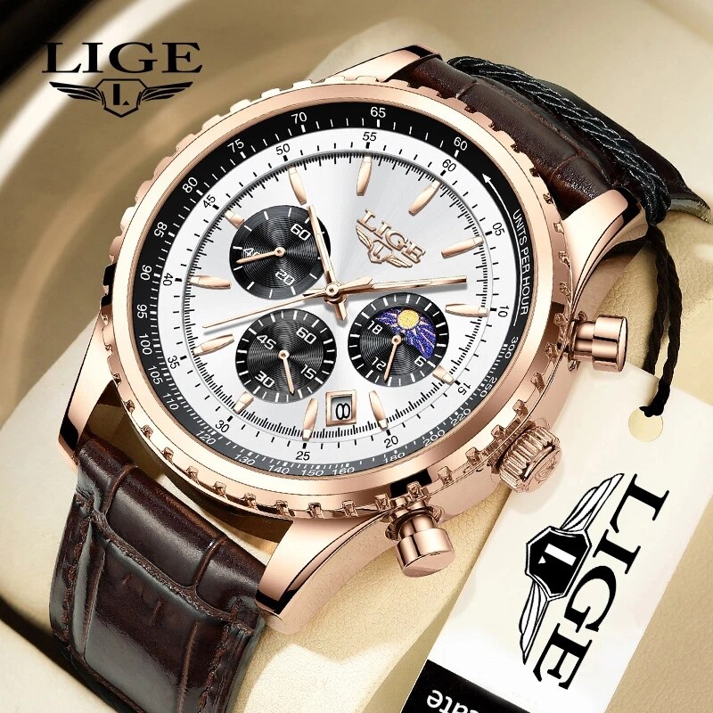 Luxury Watch Green Dial - LIGE 남성용 가죽 쿼츠 손목 시계,