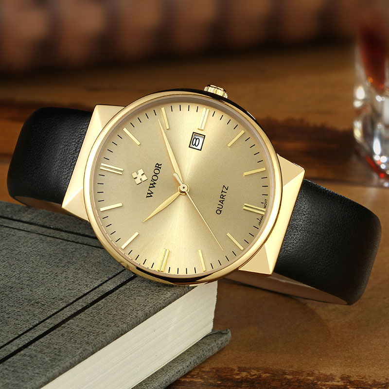 WWOOR 남성 시계 탑 브랜드 명품 방수 정품 가죽  - Luxury Watch Gold And Black 리뷰 및 가격