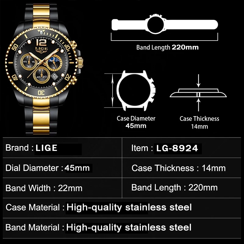 LIGE-패션 블랙 골드 시계, 최고 브랜드 럭셔리 스 - Luxury Watch Gold And Black 리뷰 및 가격